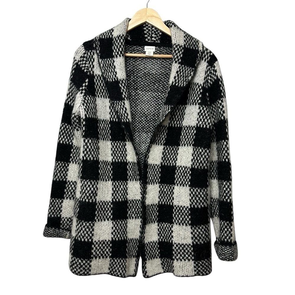 Aspen Black and White Check Cardigan Knit Sweater, Medium